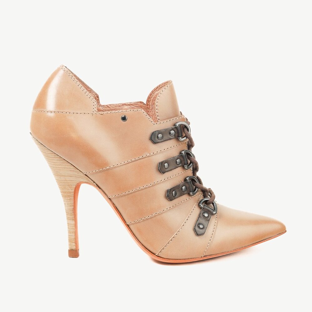 Jean-Michel Cazabat Ida Taupe Brown Pointed Toe Stacked Leather Heels